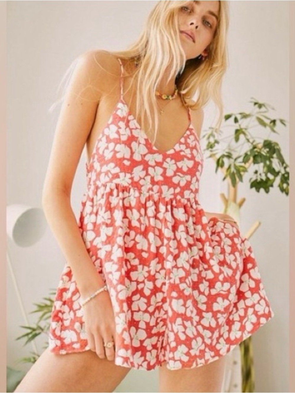 Urban Outfitters Blair Red White Floral Romper Bohemian Beachy Babydoll jumpsuit